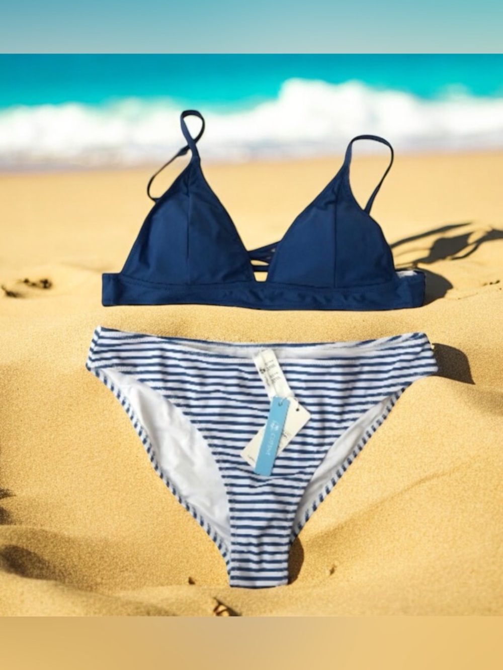 NWT Cupshe bikini blue top with blue and white strip bottom XXL